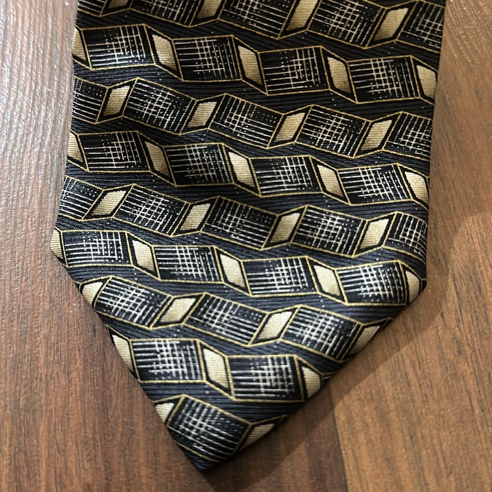 VTG Deansgate Geo Print Art Deco Mens Neck Tie, Formal, 100% Silk, Gray Tan - Picture 2 of 9